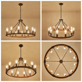 Benkut Farmhouse Wagon Wheel Chandelier 31" Black Rustic Light Fixtures 12-Light Wood Round Chandelier for Dining Room Living Room Entryway Foyer Benkut