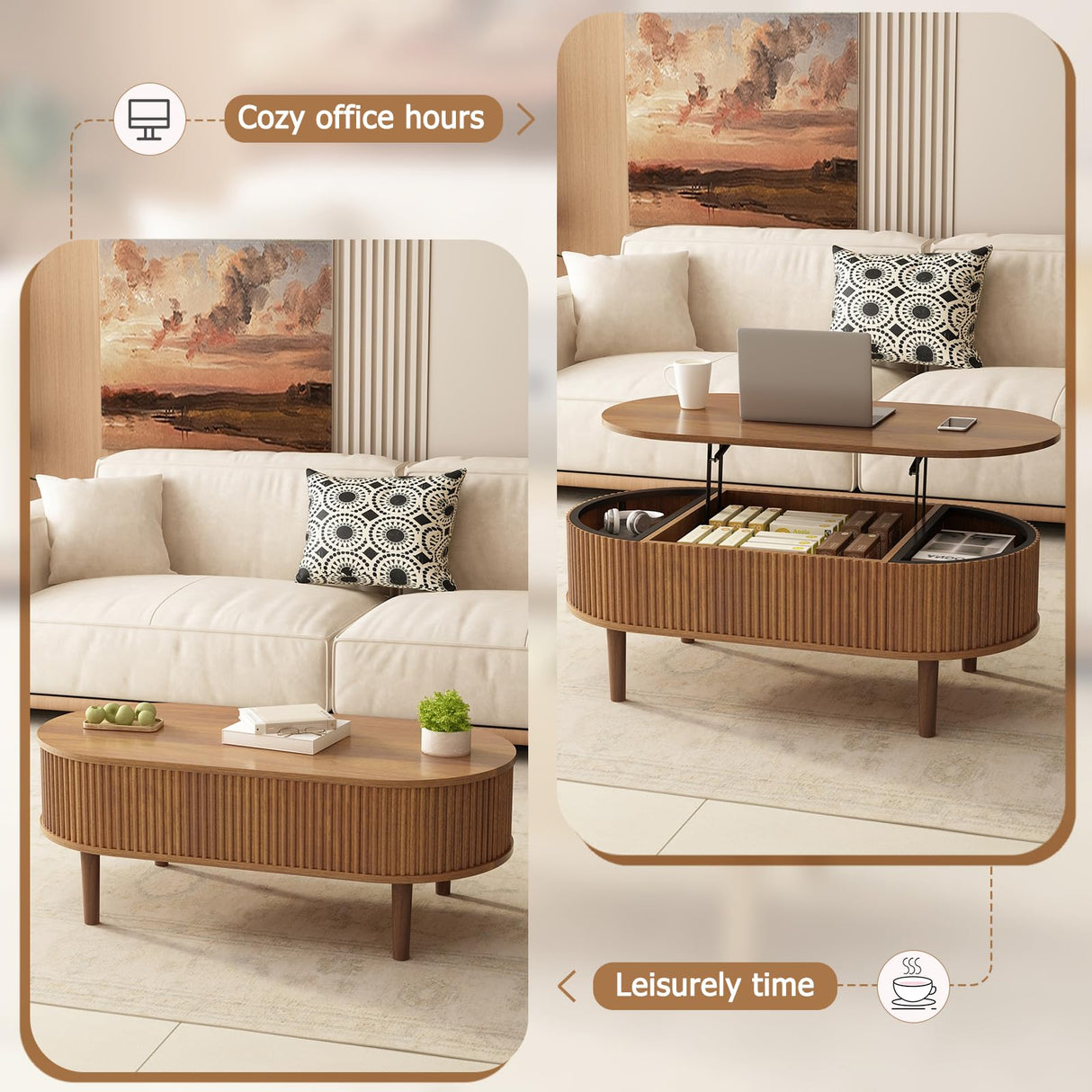 Ludatido 39 Inch Lift Top Coffee Table with 3 Storage for Living Room, Oval Coffee Table with Hidden Compartment, Fully Wooden Center Easy to Assembled for Home Living Room Office Brown Ludatido