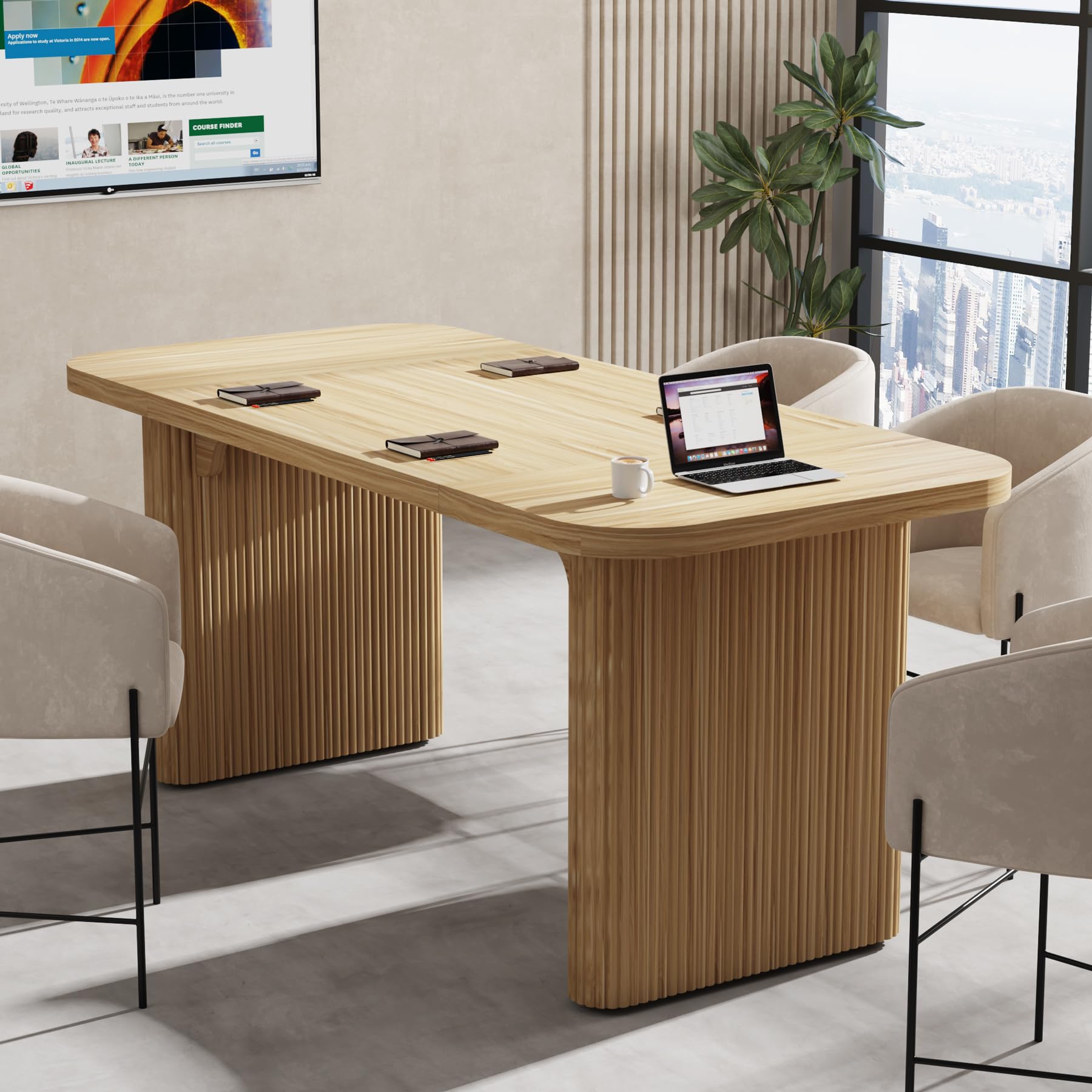 Tribesigns 5 ft Conference Table, Modern Rectangular Meeting Seminar Table with Double Pedestal, 62-Inch Large Boardroom Table for Office (Natural) - WoodArtSupply