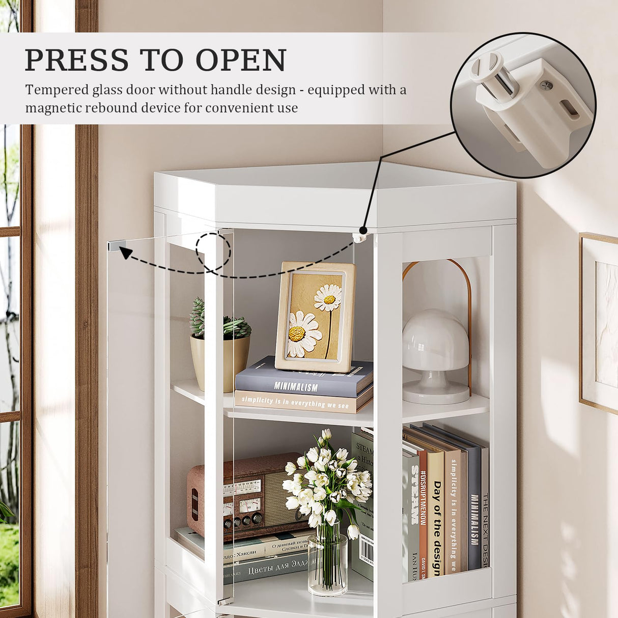 UKAOCAI 70''H Tall Corner Cabinet with Glass Doors,Farmhouse Storage Cabinet with 4 Shelves & Top Guard Rail,Home Pantry Hutch for Bar,Kitchen, Dining Living Room, Bathroom, White UKAOCAI