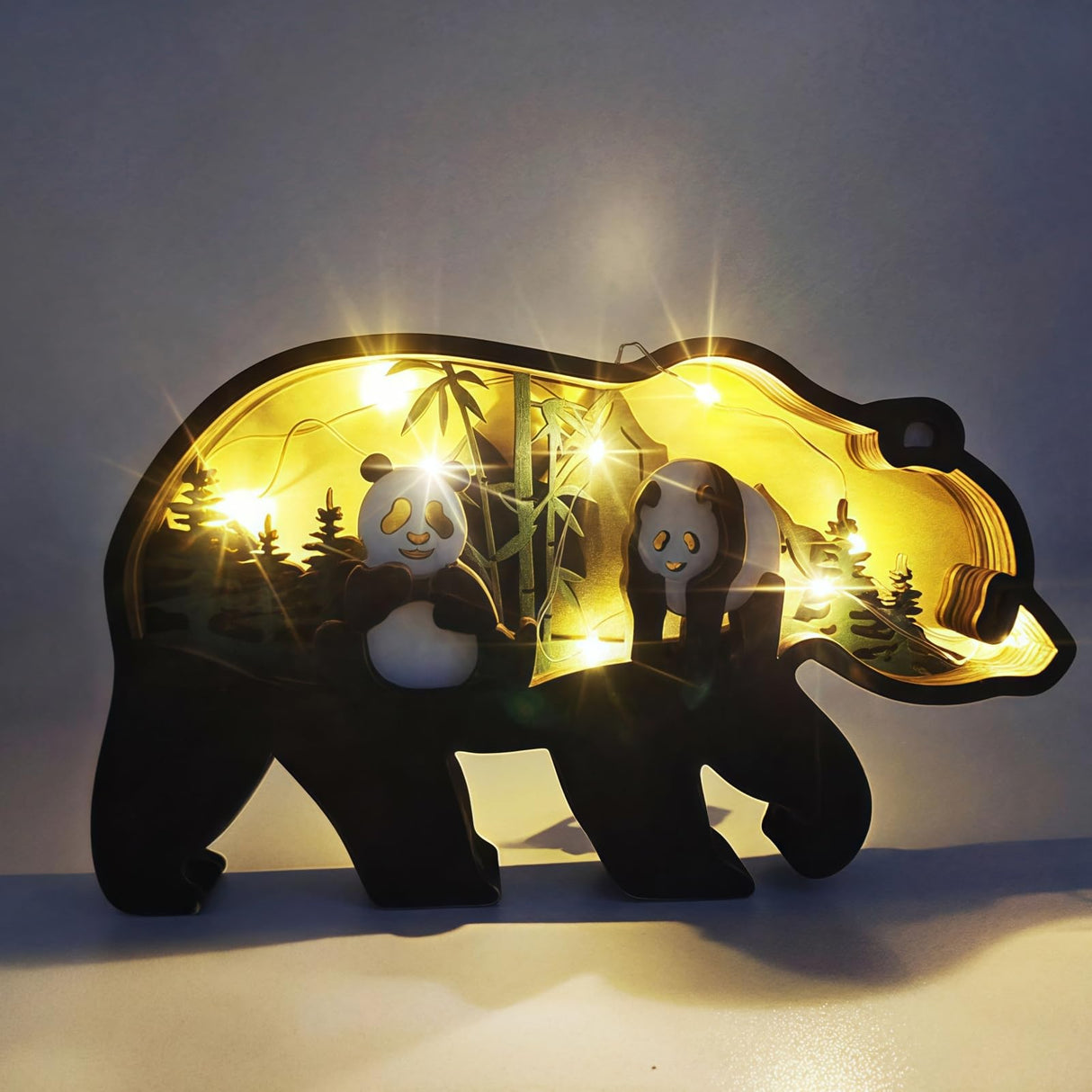 Drawelry 3D Wood Carving Animals Lamp Home Decorative, Cute Bear Family Elephant Presents Ideas Christmas Living Room Office Decor Warm LED Night Lights Gift for Friend Daughter Son Mom Dad (Panda) Drawelry