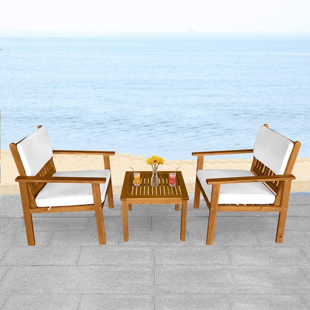 3-Piece Acacia Wood Patio Bistro Set Patio Furniture Outdoor Chat Conversation Table Chair Set Outdoor Wood Chat Set with Water Resistant Cushions and Coffee Table Chairs for Beach Backyard Garden FDW