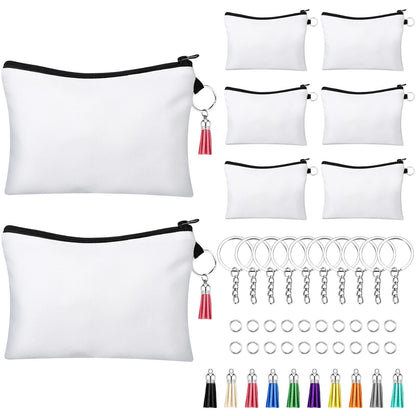 Frienda 8 Pieces Sublimation Blank Cosmetic Bags Set Including DIY Heat Transfer Makeup Bags with Zipper, Keychains, Tassels, Jump Rings for DIY Crafts Back to School Present