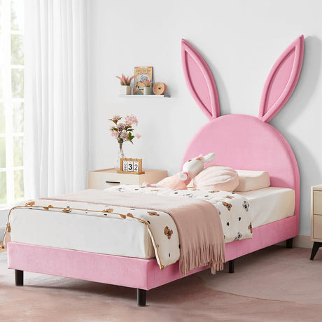 VECELO Pink Twin Bed Frame with Bunny Ear Headboard, Upholstered Velvet Padded for Girls, Sturdy Wood Slats, No Box Spring Needed VECELO