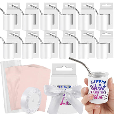 Ninehaoou 12 Set 3oz Sublimation Shot Glasses Blank Mini Tumbler Shot Glass with Straw and Lid Stainless Steel Cups with Heat Transfer for Spirits Lovers Birthday Christmas Gift(White)