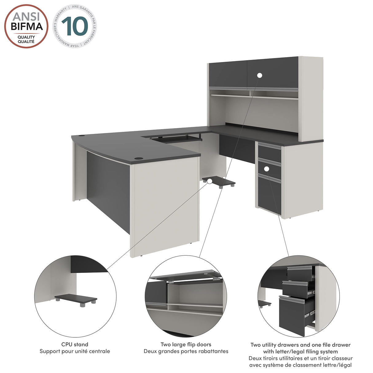 Bestar Connexion U-Shaped Workstation with Three Drawers, 72W, Slate/Sandstone Bestar