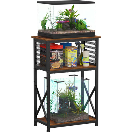 Snughome Fish Tank Stand, 10 Gallon Aquarium Stand with Storage, 3 Tier Heavy Metal Fish Tank Stand Fish Tank Shelf 20.47''L×11.42''W×30.91''H, Rustic Brown Snughome