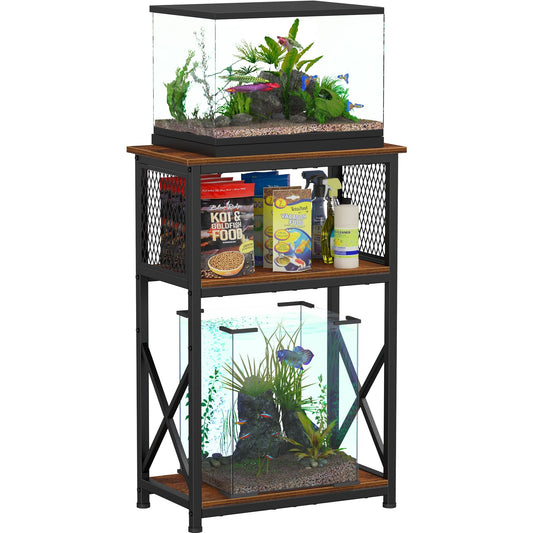 Snughome Fish Tank Stand, 10 Gallon Aquarium Stand with Storage, 3 Tier Heavy Metal Fish Tank Stand Fish Tank Shelf 20.47''L×11.42''W×30.91''H, Rustic Brown - WoodArtSupply