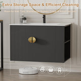 Findepot 30 Inch Floating Vanity Bathroom with Sink, Black Bathroom Vanity Cabinet Combo with Ceramics Sink Top, Soft Close Cabinet Door & Open Storage Right Shelf, Modern Wall Mounted Vanity Findepot