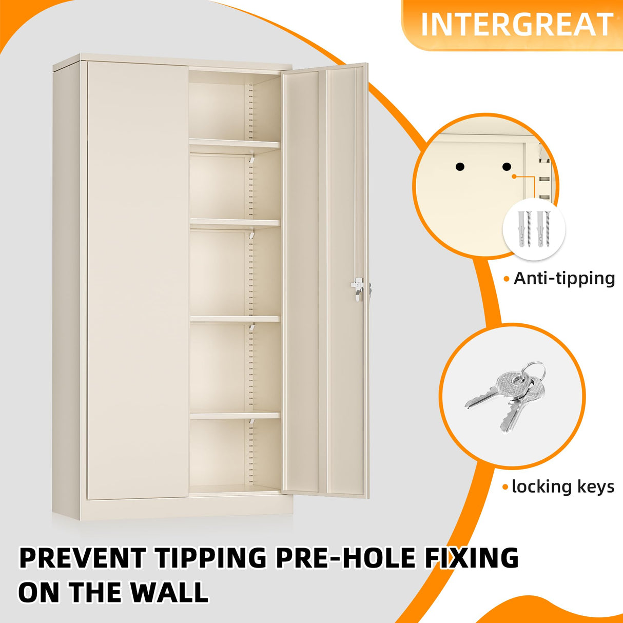 INTERGREAT Metal Wardrobe Closet, 72" Grey Locking Storage Wardrobe Cabinet with Doors and Shelves, Tall Steel Clothes Storage for Office, Home, School, Gym INTERGREAT