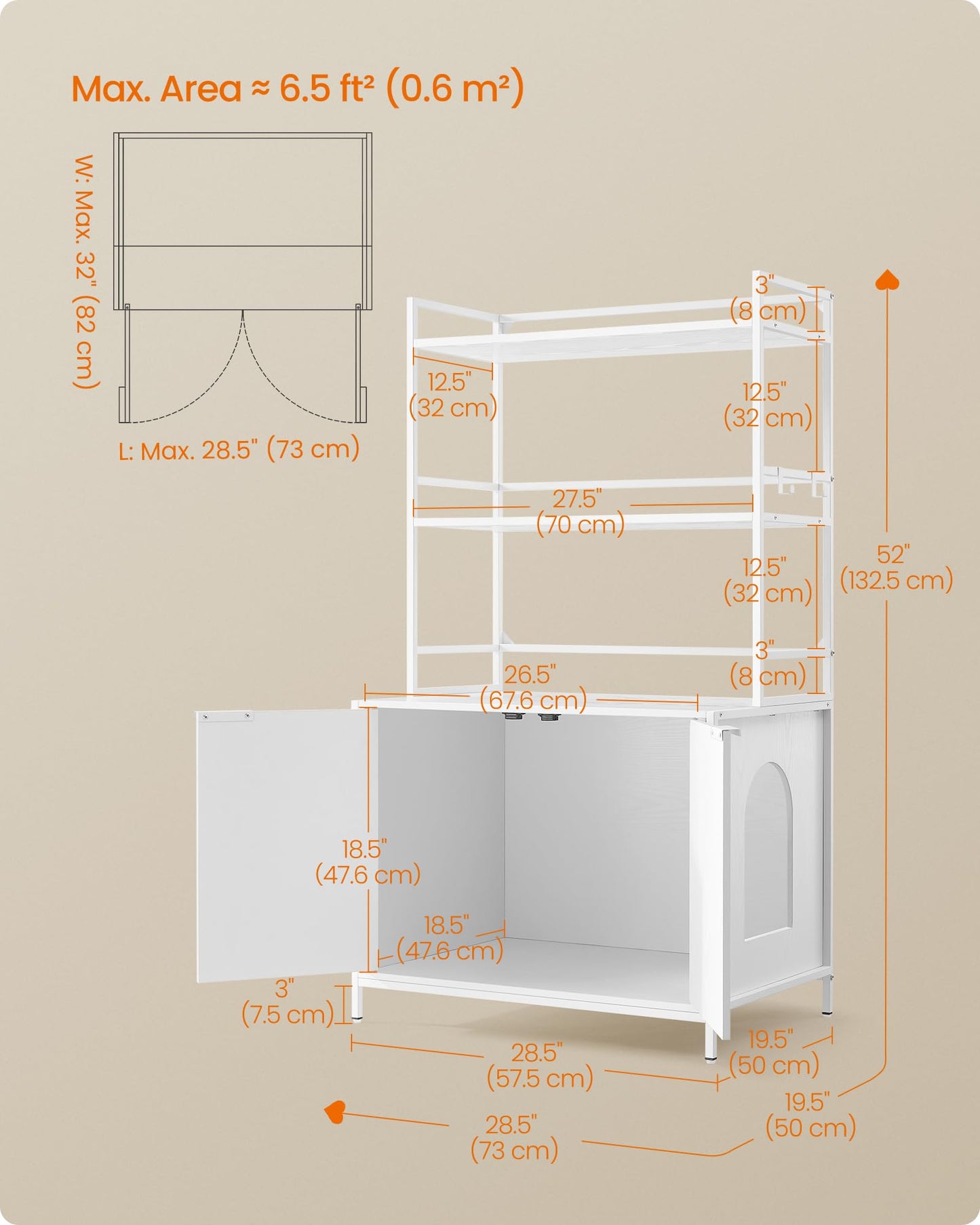 Feandrea Cat Litter Box Enclosure, Hidden Litter Box Furniture with 2 Storage Shelves, 2 Hooks, Spacious for Large Cats, Indoor Cat House, Snow White UPCL009W01