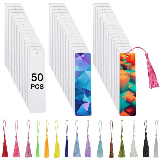 50 Pcs Sublimation Bookmark Blank Heat Transfer Aluminum Metal Bookmarks Bulk DIY Bookmarks with Hole and Colorful Tassels for Crafts,Personalized Tassels Blank Bookmarks