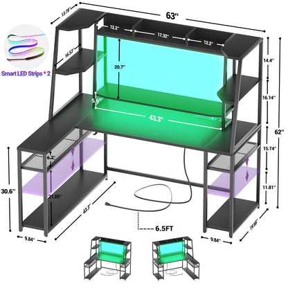 armocity 63'' L Shaped Gaming Desk with LED Lights & Power Strips, Reversible Gaming Table Desk with Hutch, L-Shaped PC Gaming Desk with Storage Shelves, L Desk for Gaming with Monitor Stand, Black
