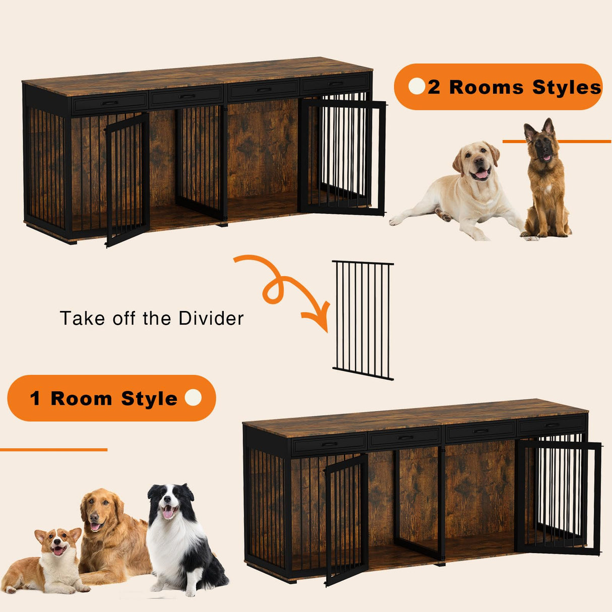 Timechee 93" Extra Large Dog Crate with Double Rooms, Heavy Duty Wooden Dog Cage Furniture Dog Crate Kennel with Drawers & Removable Divider,Indoor Luxury Dog House for Large Medium Dogs, Rustic Brown Timechee