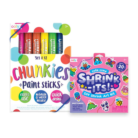 Ooly Shrink-Its! 28 PC DIY Shrinking Art Kit That Creates Charms and Tags & Chunkies Quick Drying Tempera Paint Sticks for Kids Set of 12 Classic Colors Ooly