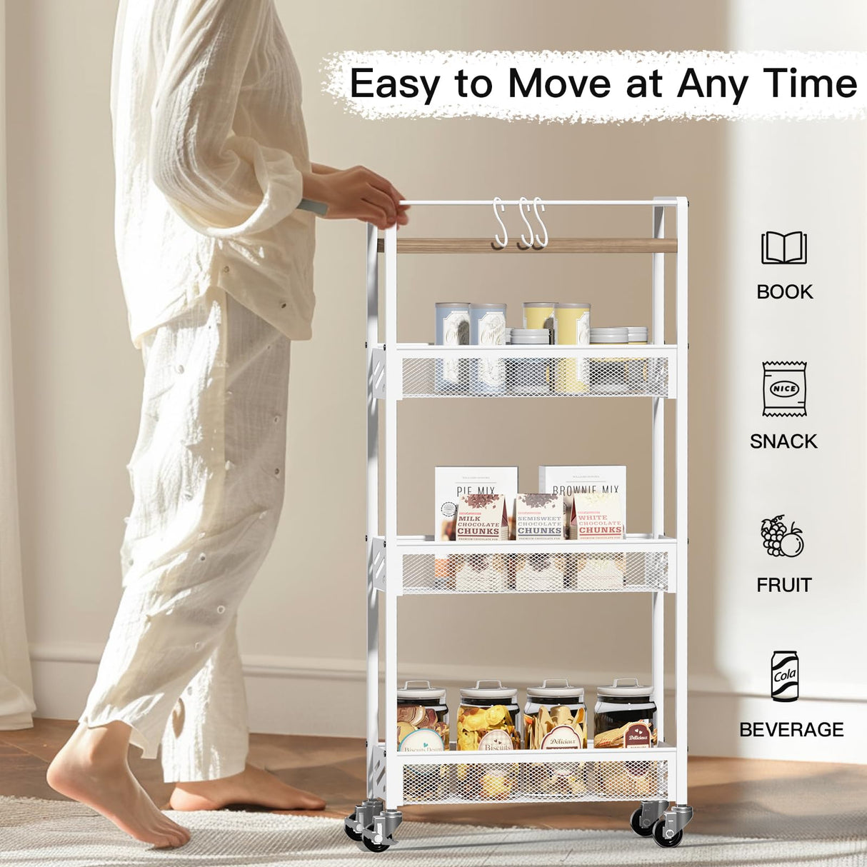 DGSNADGO Slim Rolling Storage Cart, 4-Tier Kitchen Cart on Wheels, Narrow Utility Cart with Handle and Wooden Tabletop for Small Space in Kitchen, Living Room, Bathroom, Laundry Room, Beige and White DGSANDGO