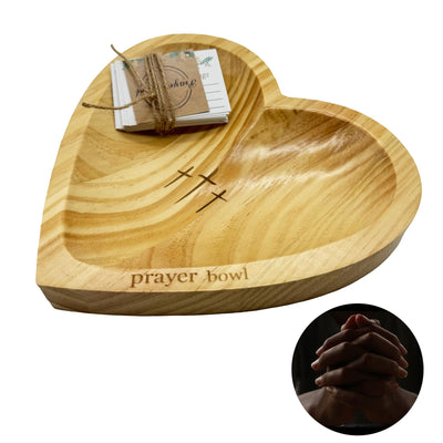 KyooteLfv Prayer Bowl with Cards for Easter Day, Wooden Heart Prayer Bowl with Cross, Wooden Dough Bowl, Heart Shaped Decor for Christian Religious Gifts