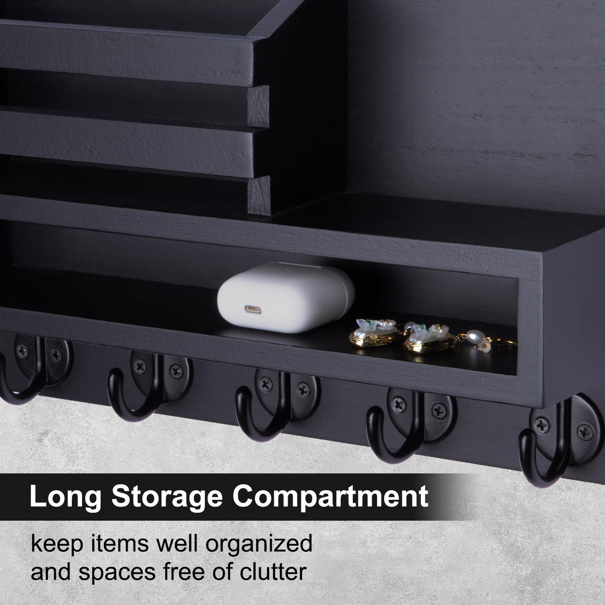 Lucundm Key and Mail Holder Wall Mount, Key Hanger with Long Storage Box and 5 Hooks for Coat, Dog Leash, Home Decor Rack, House Accessories, Entry Way Organizer 11.8”W x 7.8”H x 3.2”D Lucundm