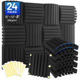 Focusound 24 Pack Curved Acoustic Foam Panels 3" x 12" x 12" Sound Proof Foam Panels Soundproofing Noise Cancelling Wedge Panels for Home Office Recoding Studio with 150 PCS Double-Side Adhesive Focusound