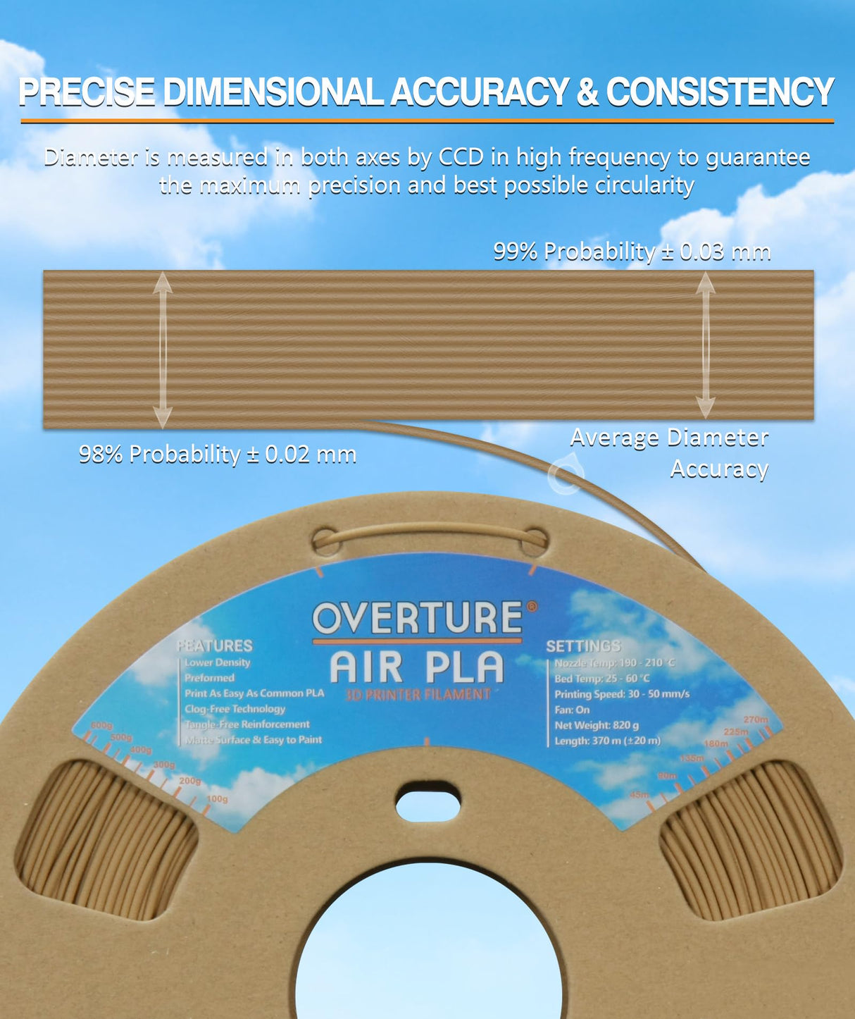 OVERTURE Air PLA Filament, Pre-Foamed PLA Low-Density, Lightweight PLA, Cardboard Spool, 0.82kg(1.8lbs), Dimensional Accuracy +/- 0.02mm (Wood) OVERTURE