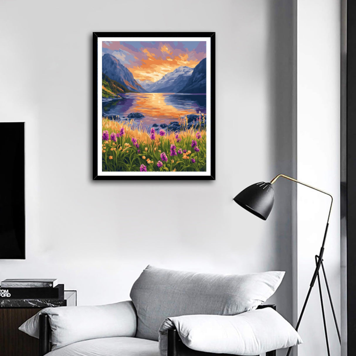 Mountain Valley Landscape Paint by Number for Adult, Lake Flower Paint by Number Kits, Sunset Scenery Nature Spring DIY Acrylic Painting for Home Decor(16×20inches, No Frame) ARNLRDYA