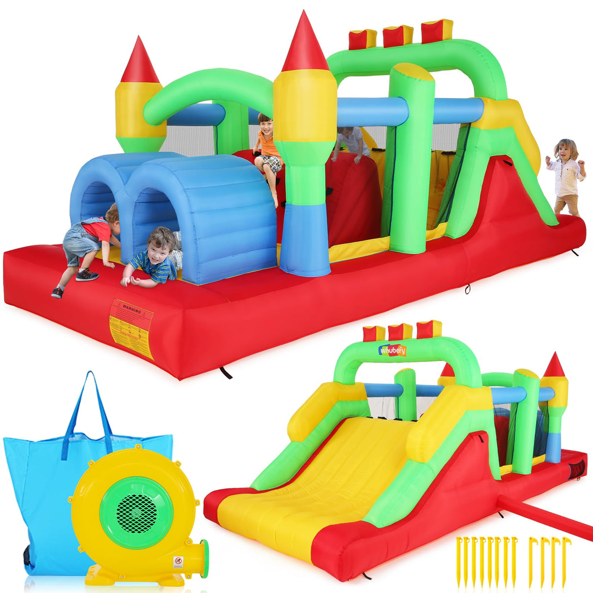 Whubefy Inflatable Bounce House Obstacle Course for Big Kids 3-6 8-12 with Large Slide, Racing Crawl Tunnels, Giant Bouncy Castle with 680W Blower for Backyard Outdoor 18.0x8.2x6.6 ft Whubefy