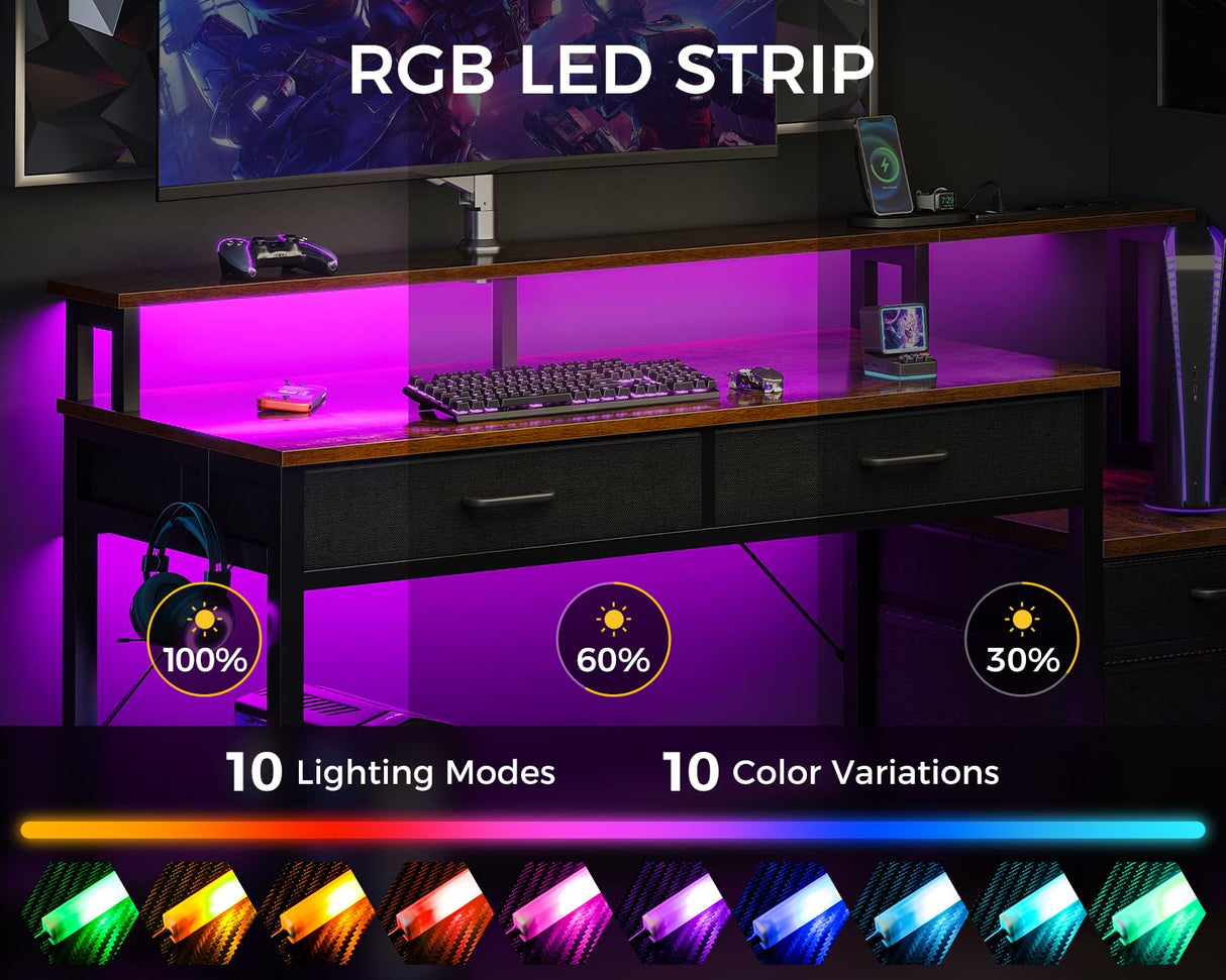 AODK 48-Inch Computer Desk with Fabric File Cabinet and Fabric Drawers, Reversible Office Desk with LED Strip and Power Strip, Gaming Desk with Monitor Riser, Writing/Study Table for Home, Vintage AODK