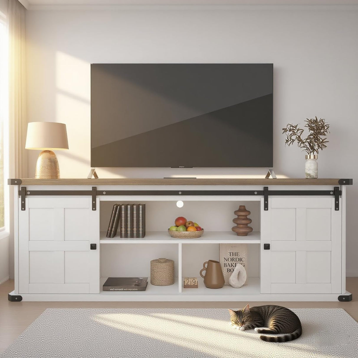 GAOMON 70" Farmhouse TV Stand for 80/75/70 Inch TVs,Entertainment Center Storage Cabinets w/Power Outlets and Sliding Barn Door,Rustic TV Stands for Living Room,Media Console Cabinet GAOMON