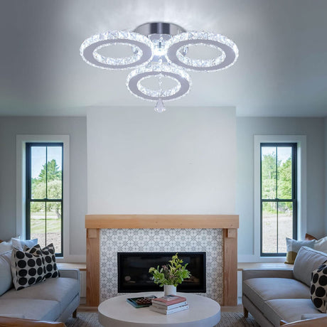 diisunbihuo LED Crystal Ceiling Light 13x3.5 Inches 3 Rings Crystal Chandelier Flush Mount Lighting Fixture for Bedroom Hobby Living Room (Cool White) diisunbihuo