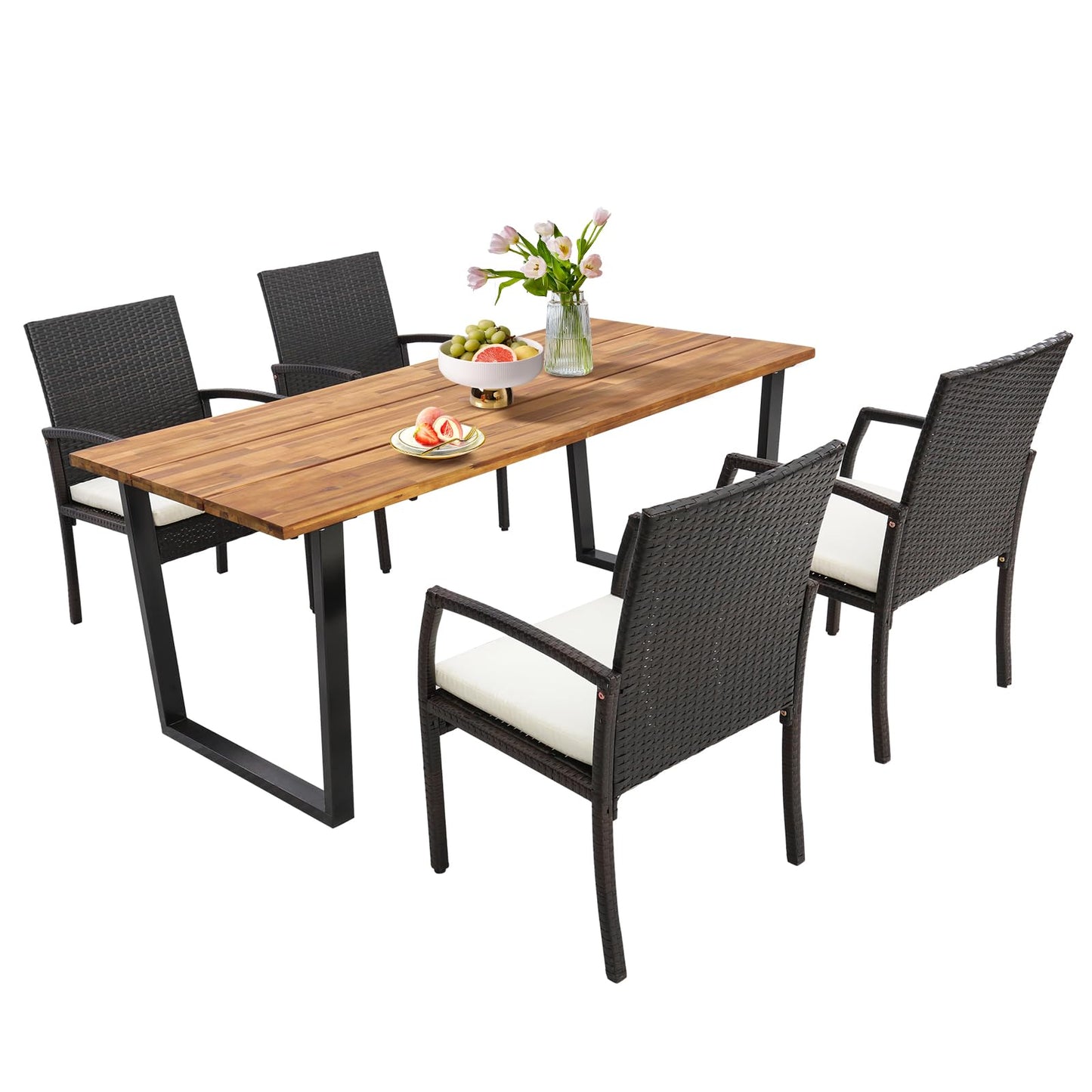 Tangkula 5 Piece Patio Rattan Dining Set, Outdoor Wicker Chair & Dining Table Set, Acacia Wood Tabletop w/Umbrella Hole, Seat Cushions Included, Space-Saving Design, Backyard