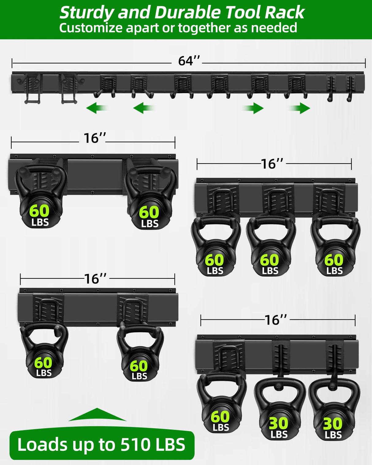 PIYILO 64 inches Garage Tool Organizer Wall Mount, Heavy Duty Garden Tool Organizer Rack, Hanging Storage Organization Racks Holder with 10 Hooks, for Lawn Tools, Shovel, Shed PIYILO