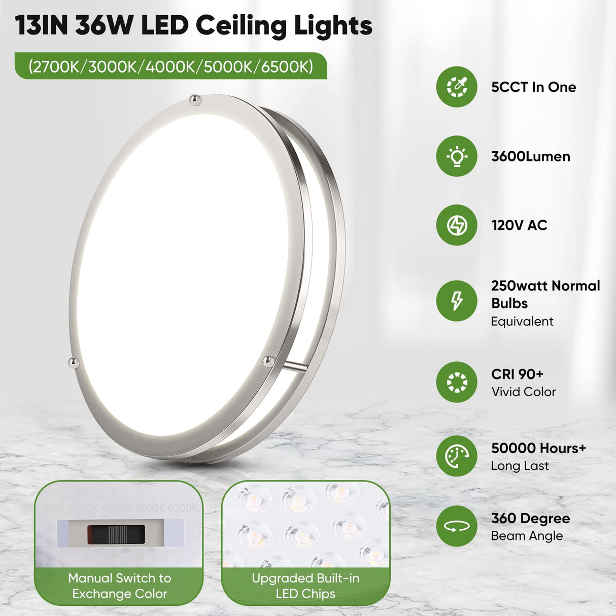 36W LED Ceiling Lights for Bedroom Kitchen, 3600lm Super Bright, Dimmable Flush Mount Light Fixtures 6500K/5000K/4000K/3000K/2700K Adjusted Modern Lamps 2PACK, 13 Inch, Nickle TOBUSA