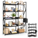 Gizoon 5 Tier Industrial Bookshelf, 65" H Reversible Corner Bookshelf, Bookcase, Freestanding Display Shelf, with 4 Hooks, a Storage Basket, Metal Frame, for Living Room, Kitchen, Office, Black Gizoon