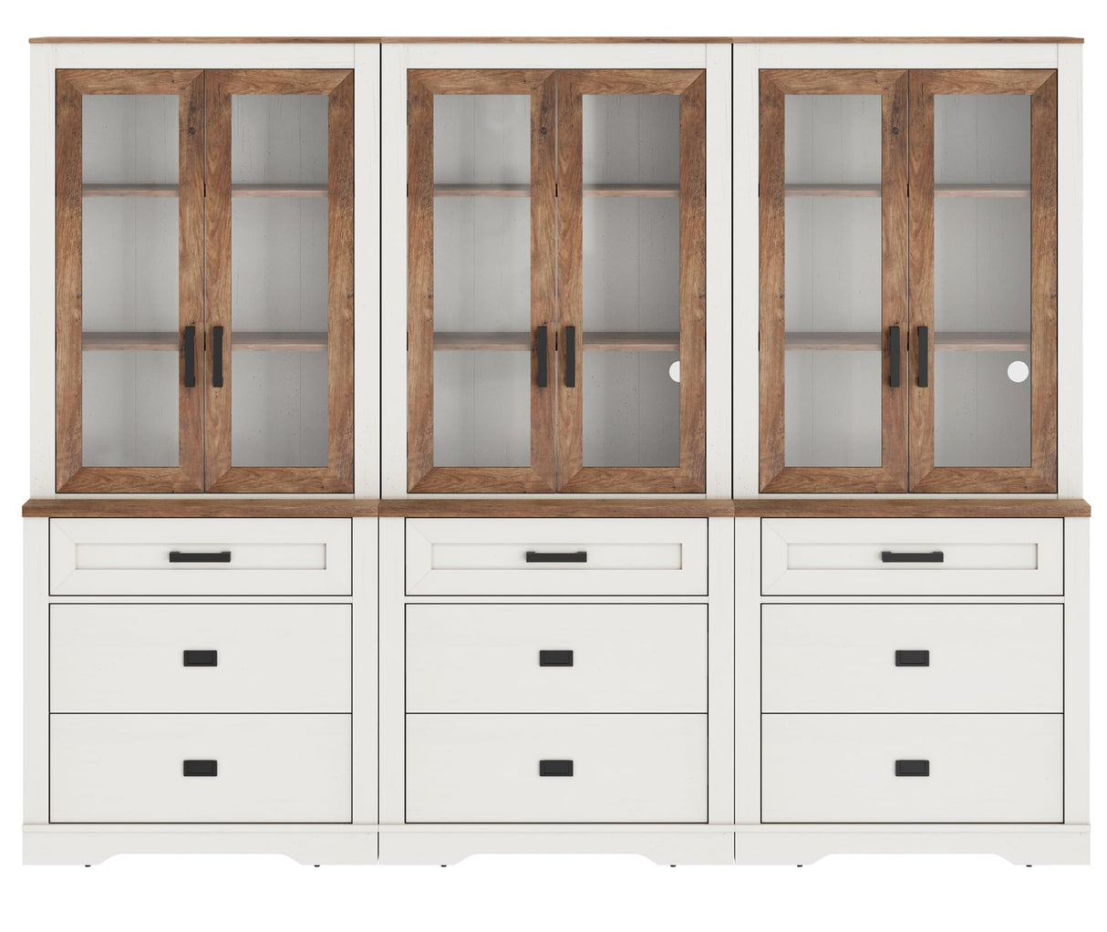 WAMPAT 3 Column 73.3" Tall Bookcase with Glass Door, 94.5" Wide Rustic Wood Bookshelves with Chest of Drawers, Modern Farmhouse Display Cabinet with Adjustable Shelves for Home,Office,White&Oak WAMPAT