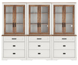 WAMPAT 3 Column 73.3" Tall Bookcase with Glass Door, 94.5" Wide Rustic Wood Bookshelves with Chest of Drawers, Modern Farmhouse Display Cabinet with Adjustable Shelves for Home,Office,White&Oak WAMPAT