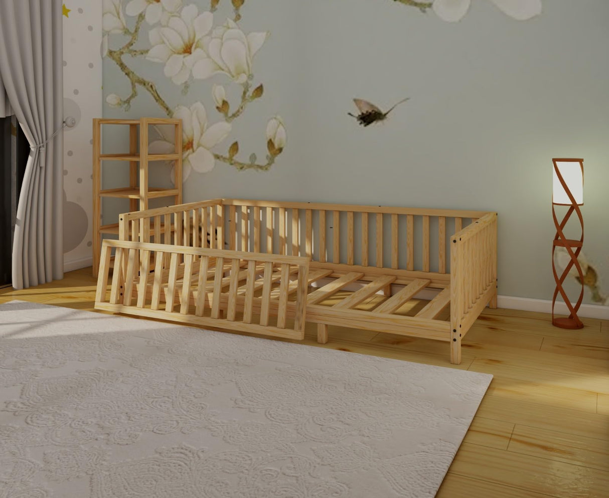 Montessori Floor Bed Designed with Open Front for Girls and Boys | Pine Wood Natural Solid Frame Bed Footed Model with Slats | Sturdy Designed Floor Bed Frame for Kids (Crib, Height : 23 Inches) wood and montessori