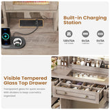 MSmask Vanity Desk with LED Mirror & 3 Color Modes, Large Makeup Vanity with 2 RGB Lights Cabinets, Glass Top Vanity Table with 5 Drawers & Power Outlet, Farmhouse Vanity, Grey MSmask