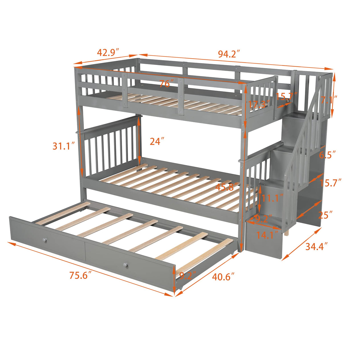 Stunning Gray Twin Over Twin Bunk Bed with Stairs and Trundle by Harper & Bright Designs Harper & Bright Designs