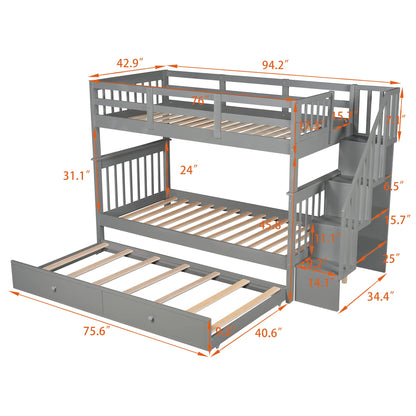 Stunning Gray Twin Over Twin Bunk Bed with Stairs and Trundle by Harper & Bright Designs - WoodArtSupply