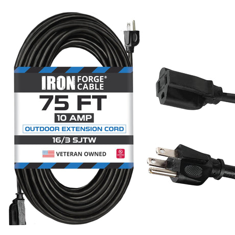 Iron Forge Cable Weatherproof Outdoor Extension Cord 75 ft, 16 Gauge Black Extension Cord 3 Prong for Outside, SJTW Exterior Power Cable for Outdoor Lights, Lawn, Landscaping - US Veteran Owned IRON FORGE CABLE
