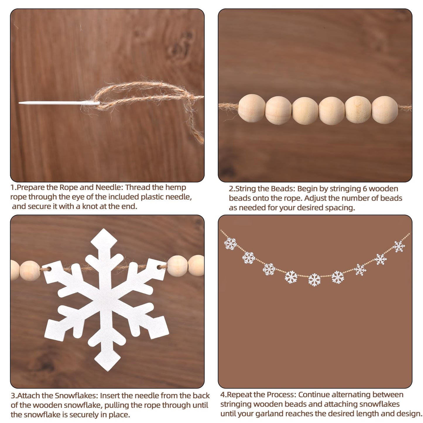 Wooden Christmas Decorations Garland with Snowflakes, Boho Christmas Decor Rustic Wood Garland, DIY Wooden Bead Xmas Garland Decor Winter Banner Decor for Tree Mantle Fireplace Wall (White)