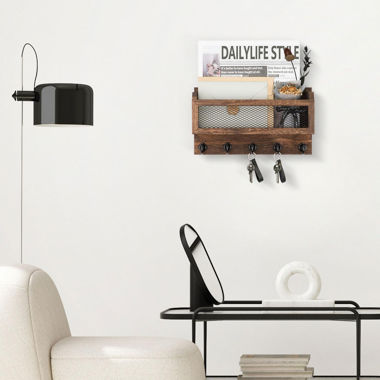 Nekon Mail and Key Holder for Wall Decorative, 11 Inch Wooden Wall Key Organizer with 5 Key Hooks, Wall Mount Storage Shelf for Entryway Hallway (Brown) Nekon