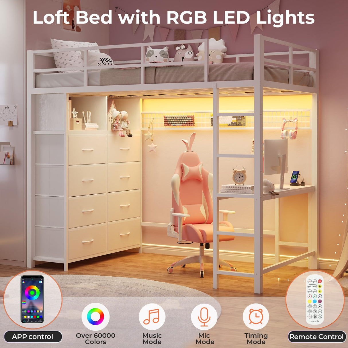 BTHFST Twin Loft Bed with Desk & 8 Storage Drawers Tall Dresser, White Metal Loft Bed with LED Lights & Charging Station, 2-Tier Storage Shelves, Stable & Sturdy, Noise Free, White BTHFST