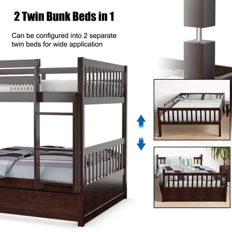KOMFOTT Solid Wood Full Over Full Bunk Bed with Trundle and Ladder – Space-Saving Design for Teens and Adults KOMFOTT