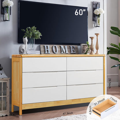 VODUR Wide Dresser with 6 Drawers, TV Stand for 60" TV, Solid Wood Double Dresser, Large Storage Tower Unit, Nursery Dresser, Modern Chest of Drawers - WoodArtSupply