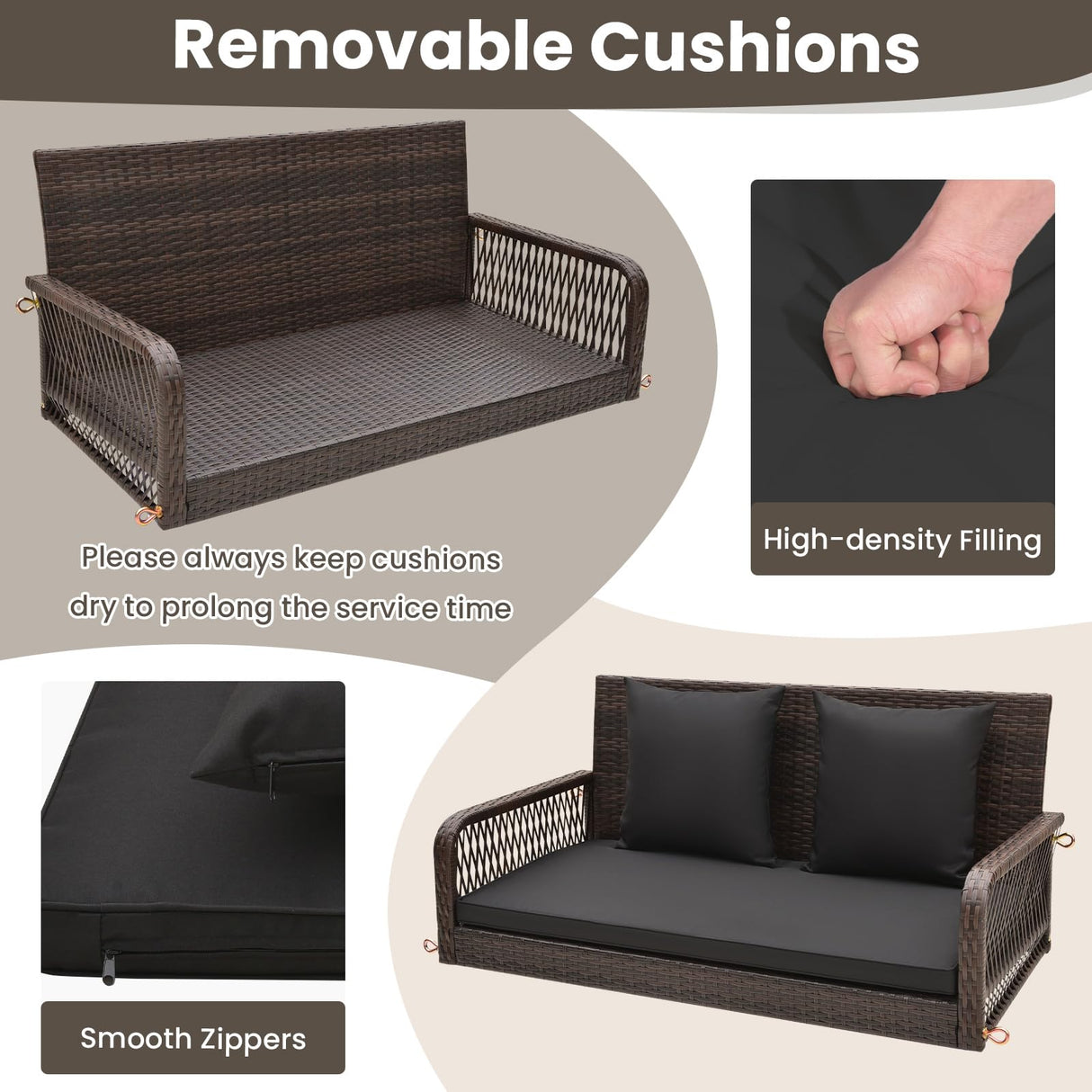 Tangkula Wicker Outdoor Porch Swing, 800 LBS Capacity Outdoor Swing Bench with Hanging Chains, Back and Seat Cushions, 2-Seater Hanging Patio Bench for Deck, Garden, Yard (Black) Tangkula