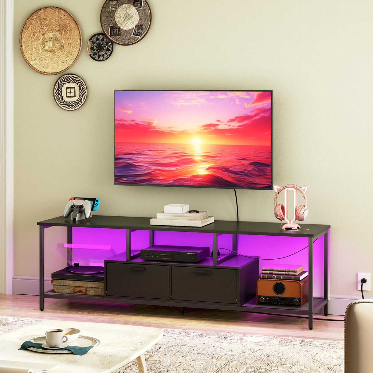 HOOBRO TV Stand with LED Light and Power Outlets for TVs up to 65 Inch, TV Media Console with Double-Door Cabinet, Gaming Entertainment Center for Living Room Bedroom, Black BB48UDDS01 HOOBRO