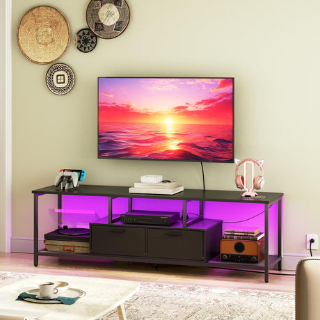 HOOBRO TV Stand with LED Light and Power Outlets for TVs up to 65 Inch, TV Media Console with Double-Door Cabinet, Gaming Entertainment Center for Living Room Bedroom, Black BB48UDDS01 HOOBRO