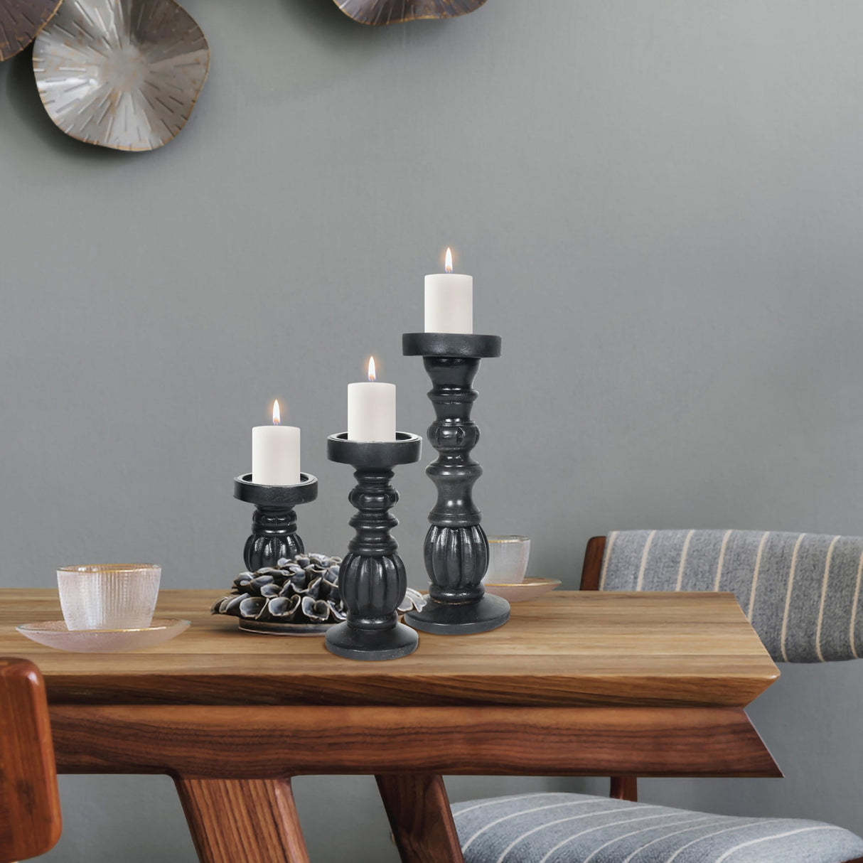 Farmhouse Wooden Candle Holders for Pillar Candles Set of 3, Rustic Wood Candle Holder Table Centerpiece Decor, 12'' 9'' 6'' Ball Design Tall Candle Stand Decorative, Black The Wooden Town