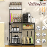 3IngSeagulls Bakers Rack with Power Outlet, Kitchen Microwave Stand with 10 S-shaped Hooks, 6-Tier Coffee Bar Station, Kitchen Storage Shelf Rack for Spices, Pots, Gray 3IngSeagulls